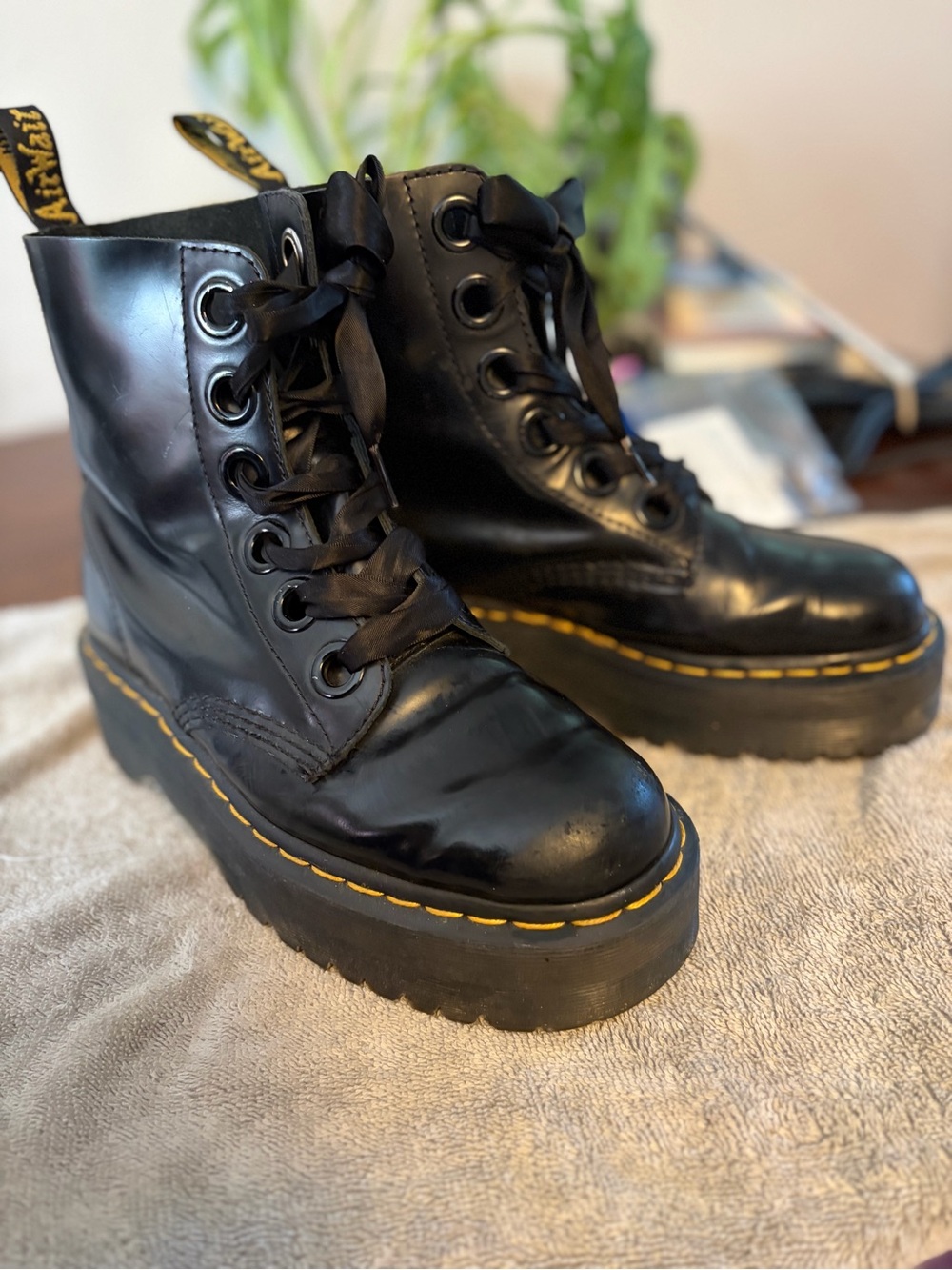 Dr. Martens Black Platform Lace-Up Boots with Yellow Stitching